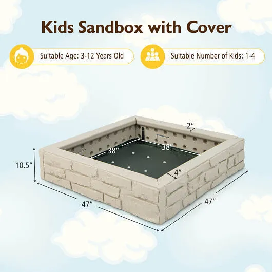 2-In-1 HDPE Kids Sandbox with Cover and Bottom Liner-White - Color: White
