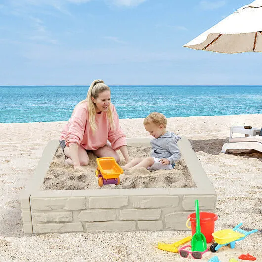 2-In-1 HDPE Kids Sandbox with Cover and Bottom Liner-White - Color: White