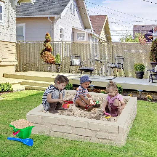 2-In-1 HDPE Kids Sandbox with Cover and Bottom Liner-White - Color: White