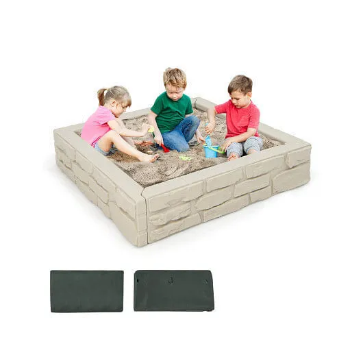 2-In-1 HDPE Kids Sandbox with Cover and Bottom Liner-White - Color: White