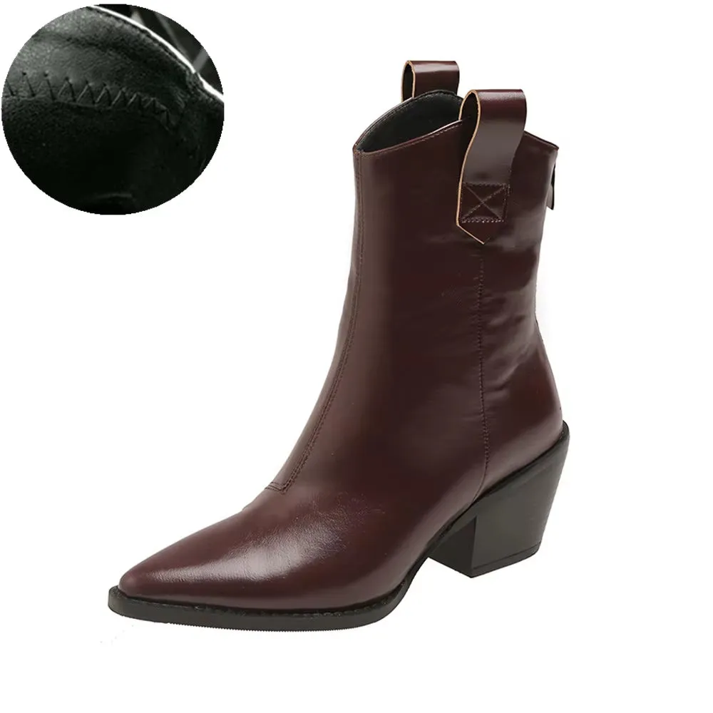 2025 Pointed Toe Western Cowgirl Chelsea Ankle Boots Shoes Women Cossacks Cowboy Boats Wedges Femal Botas Mujer 33-45Black White