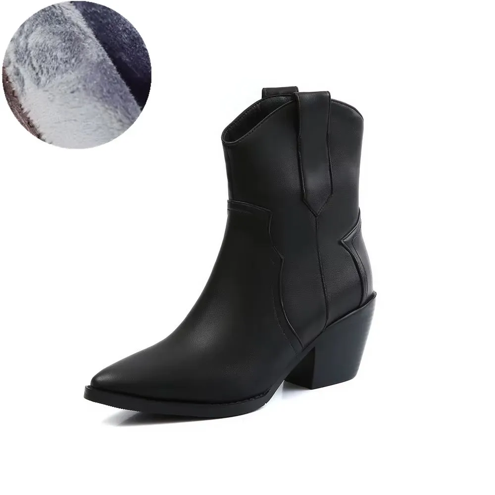 2025 Pointed Toe Western Cowgirl Chelsea Ankle Boots Shoes Women Cossacks Cowboy Boats Wedges Femal Botas Mujer 33-45Black White