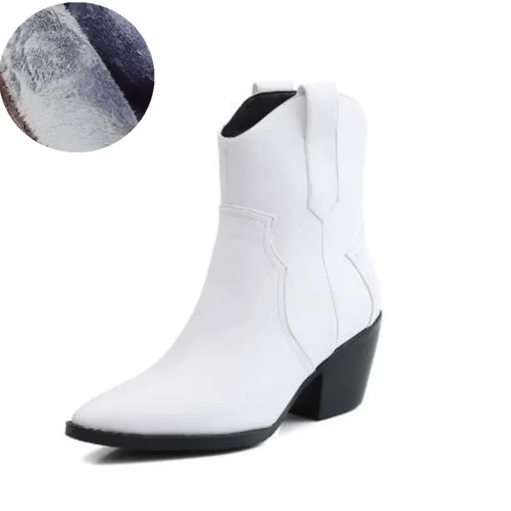 2025 Pointed Toe Western Cowgirl Chelsea Ankle Boots Shoes Women Cossacks Cowboy Boats Wedges Femal Botas Mujer 33-45Black White
