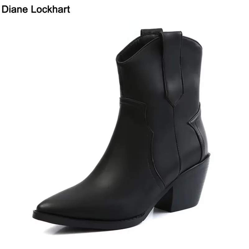 2025 Pointed Toe Western Cowgirl Chelsea Ankle Boots Shoes Women Cossacks Cowboy Boats Wedges Femal Botas Mujer 33-45Black White