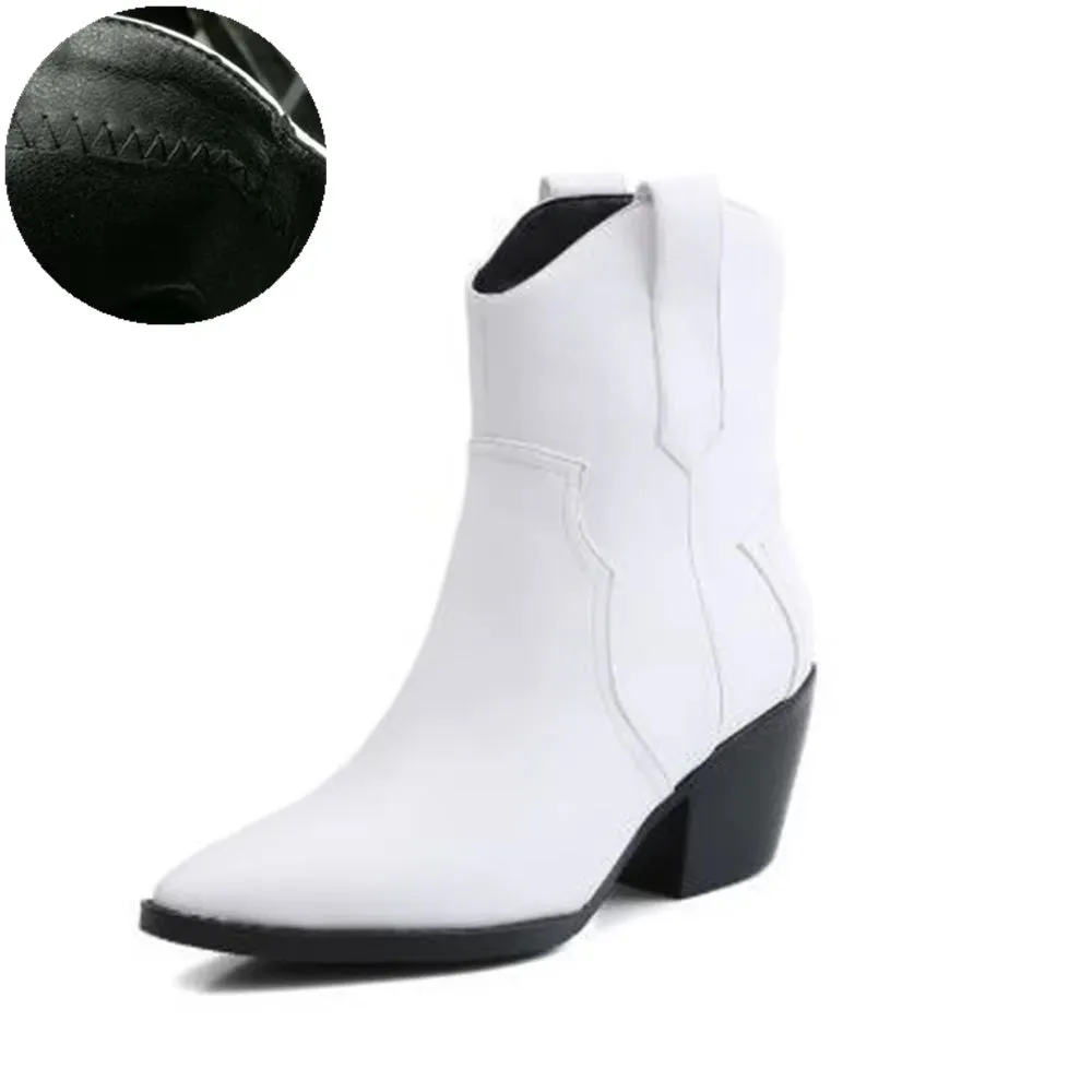 2025 Pointed Toe Western Cowgirl Chelsea Ankle Boots Shoes Women Cossacks Cowboy Boats Wedges Femal Botas Mujer 33-45Black White