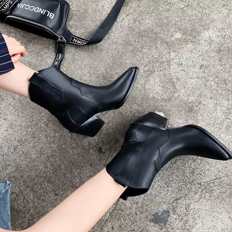 2025 Pointed Toe Western Cowgirl Chelsea Ankle Boots Shoes Women Cossacks Cowboy Boats Wedges Femal Botas Mujer 33-45Black White
