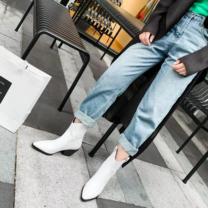 2025 Pointed Toe Western Cowgirl Chelsea Ankle Boots Shoes Women Cossacks Cowboy Boats Wedges Femal Botas Mujer 33-45Black White