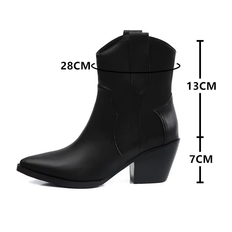 2025 Pointed Toe Western Cowgirl Chelsea Ankle Boots Shoes Women Cossacks Cowboy Boats Wedges Femal Botas Mujer 33-45Black White