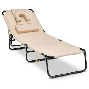 Beach Chaise Lounge Chair with Face Hole and Removable Pillow-Beige - Color: Bei