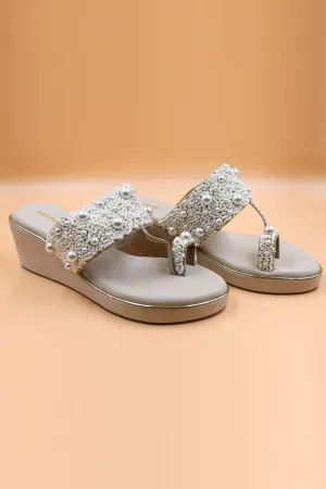 Beige Thread Embroidered Wedges