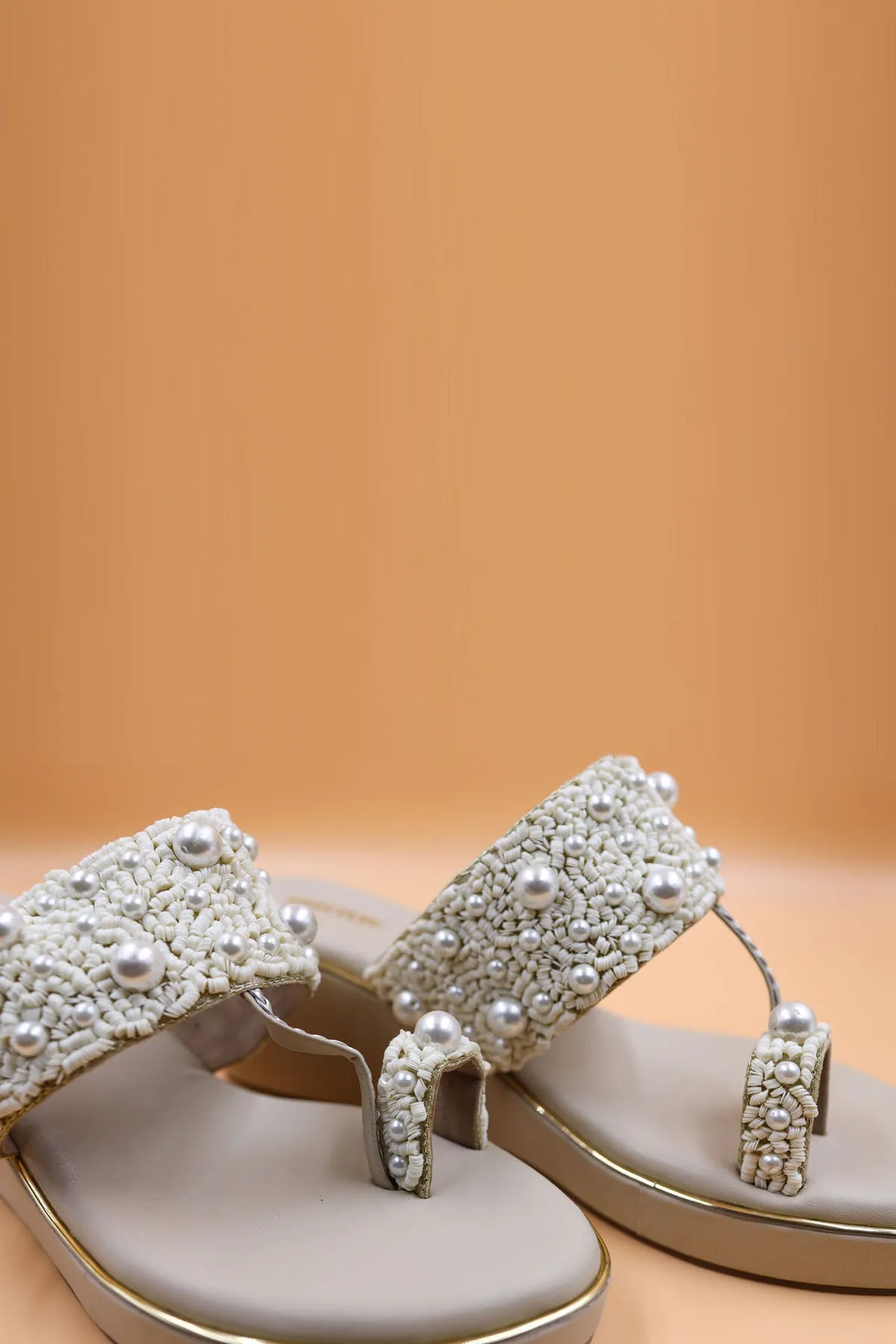 Beige Thread Embroidered Wedges