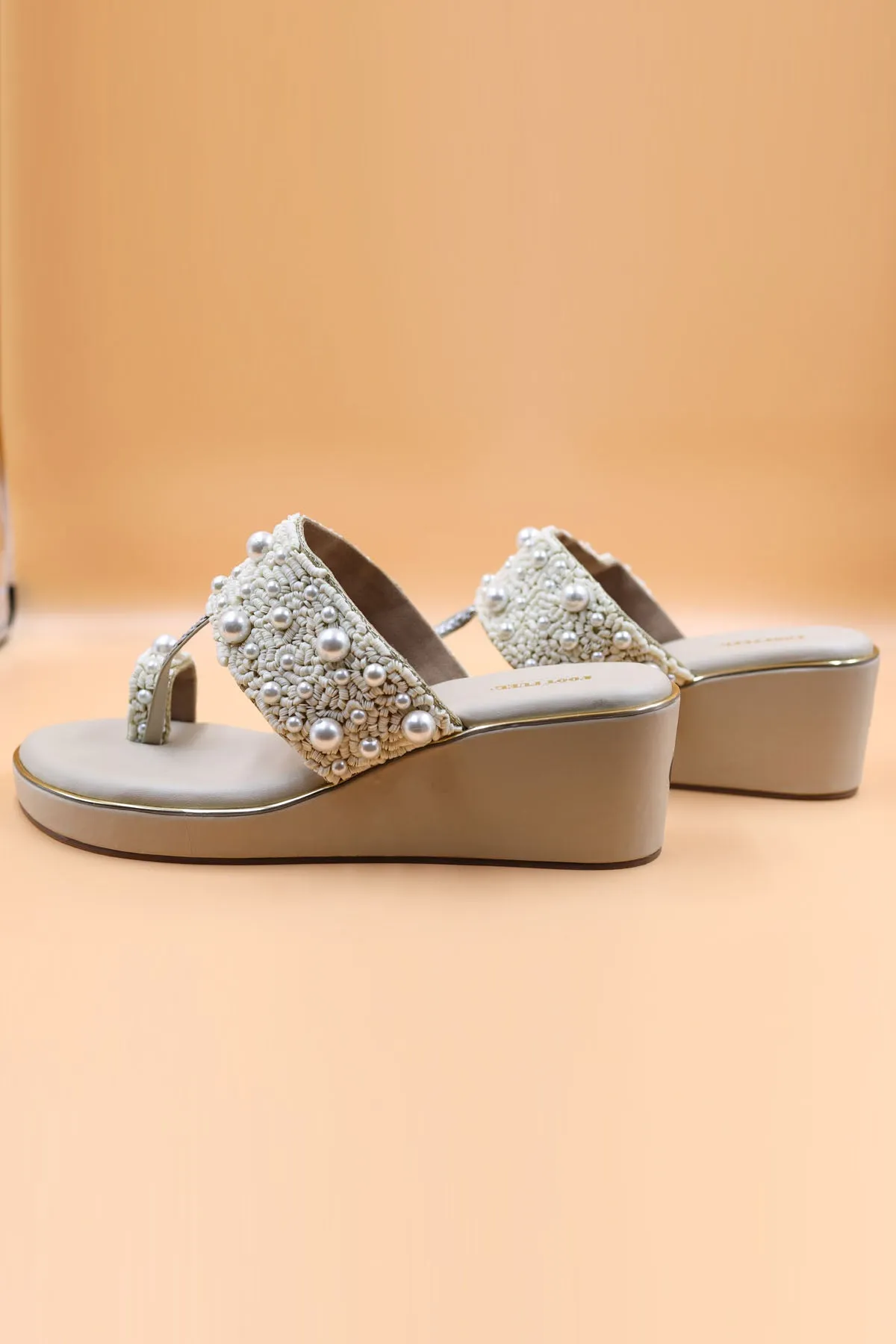 Beige Thread Embroidered Wedges