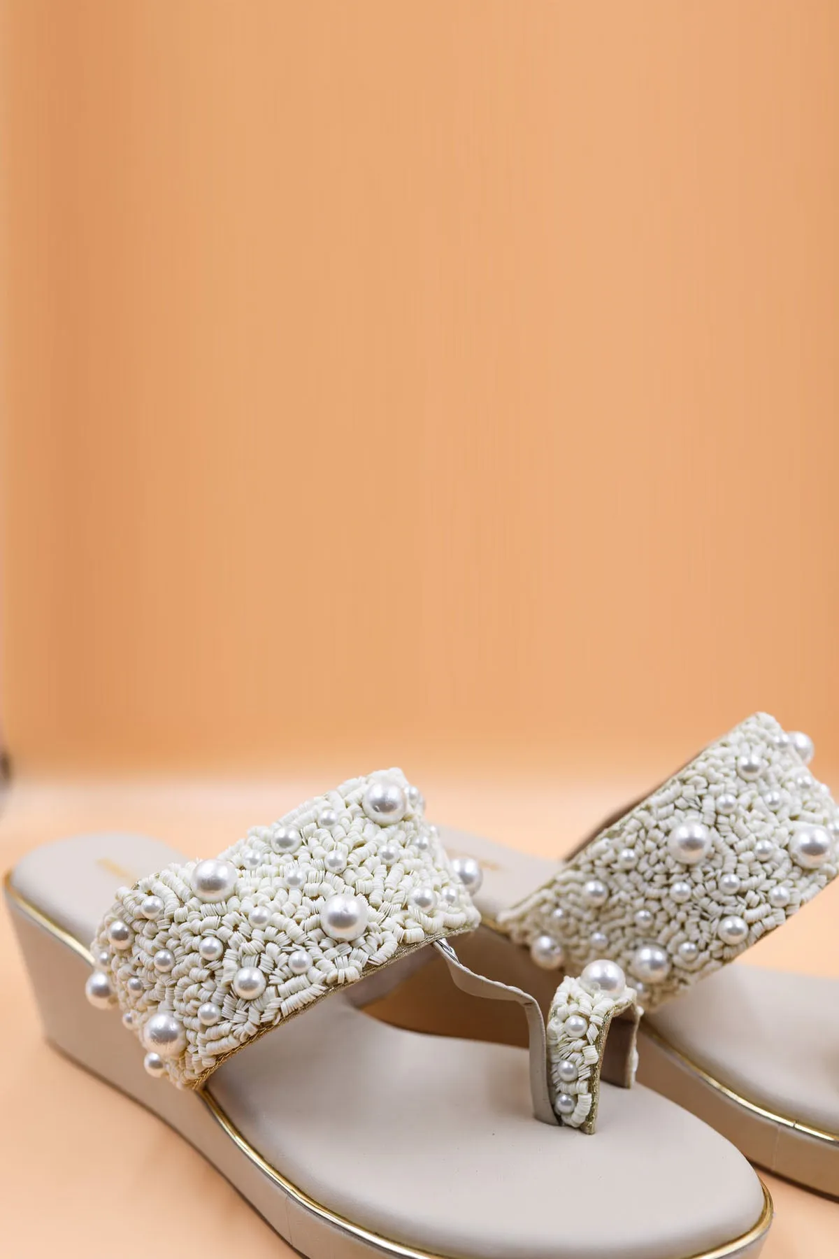 Beige Thread Embroidered Wedges