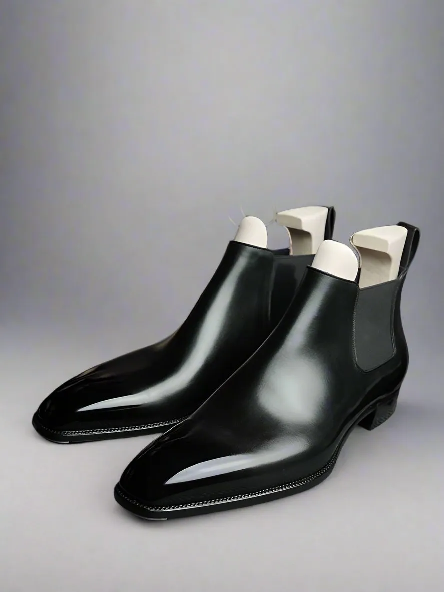 Black Italian Leather Slip On Whole cut Chelsea Boot - Chelsea Boots