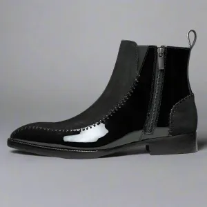 Black  Patent Leather And Black Suede Draven Zipper Boots - Boots