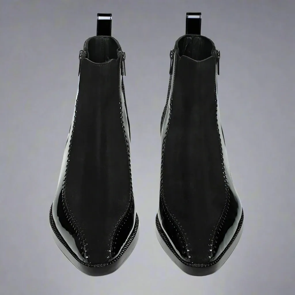 Black  Patent Leather And Black Suede Draven Zipper Boots - Boots