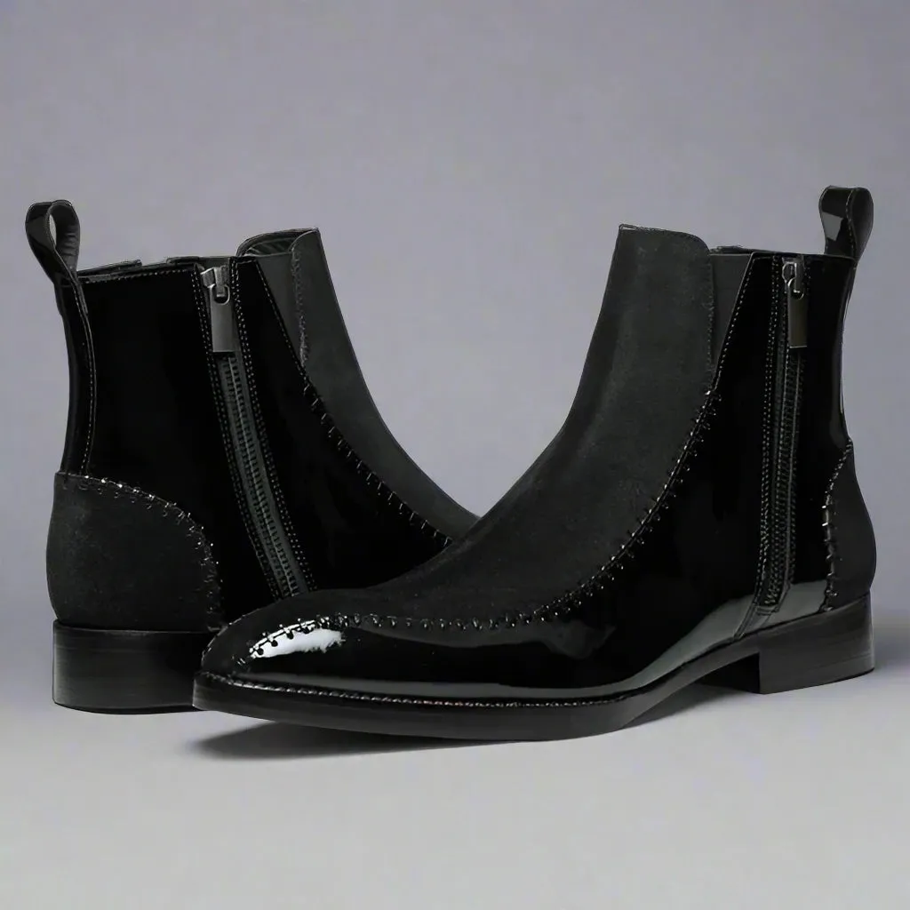 Black  Patent Leather And Black Suede Draven Zipper Boots - Boots