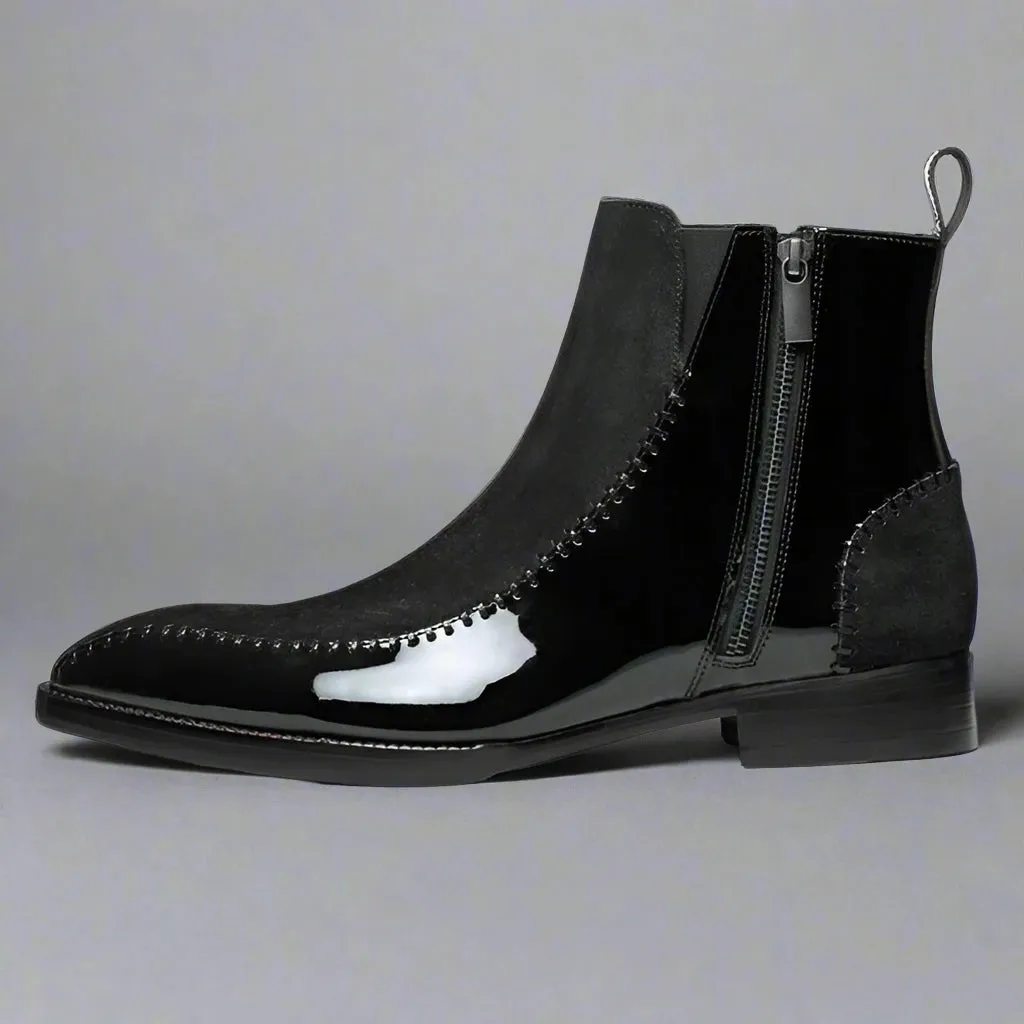 Black  Patent Leather And Black Suede Draven Zipper Boots - Boots