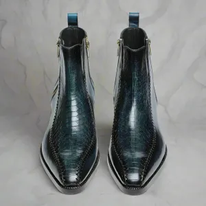 Blue Leather And Blue Croc Draven Zipper Boots - Boots