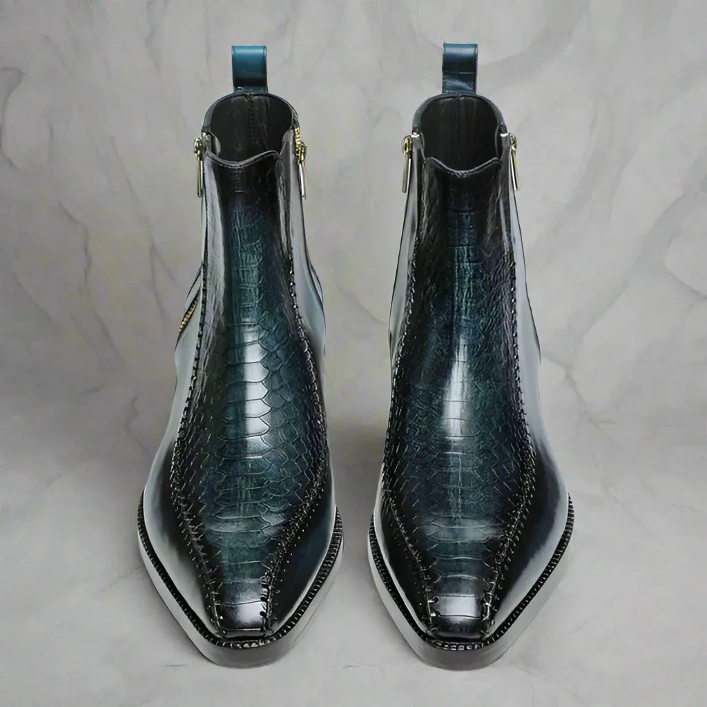 Blue Leather And Blue Croc Draven Zipper Boots - Boots