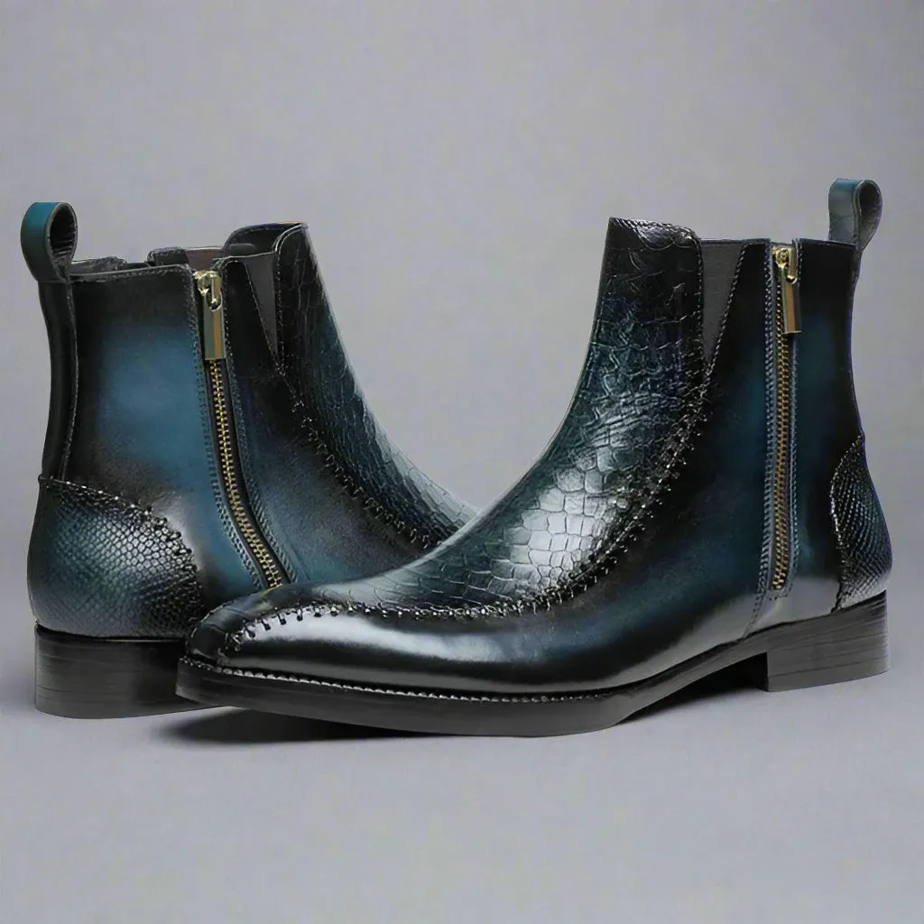 Blue Leather And Blue Croc Draven Zipper Boots - Boots