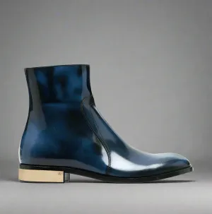 BLUE LEATHER SLIP ON MODENA CHELSEA BOOTS WITH ZIPPER AND GOLDEN HEEL PLATE - CHELSEA BOOTS