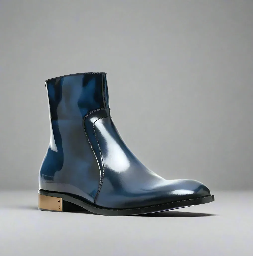 BLUE LEATHER SLIP ON MODENA CHELSEA BOOTS WITH ZIPPER AND GOLDEN HEEL PLATE - CHELSEA BOOTS