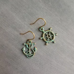Boat Anchor Earring Set, wheel helm earring, boat earring, mismatched, nautical earring, patina earring, rustic bronze, blue green patina