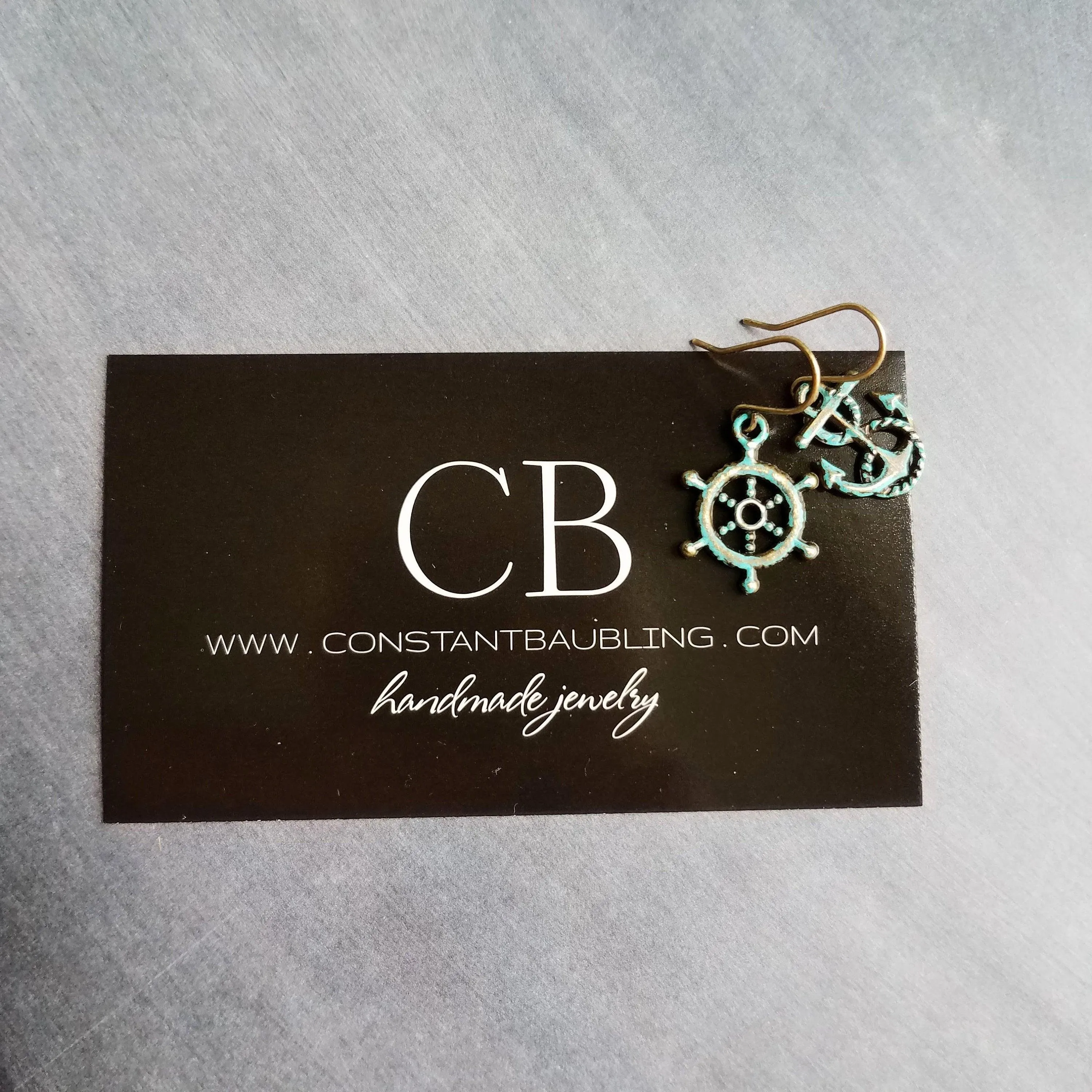 Boat Anchor Earring Set, wheel helm earring, boat earring, mismatched, nautical earring, patina earring, rustic bronze, blue green patina
