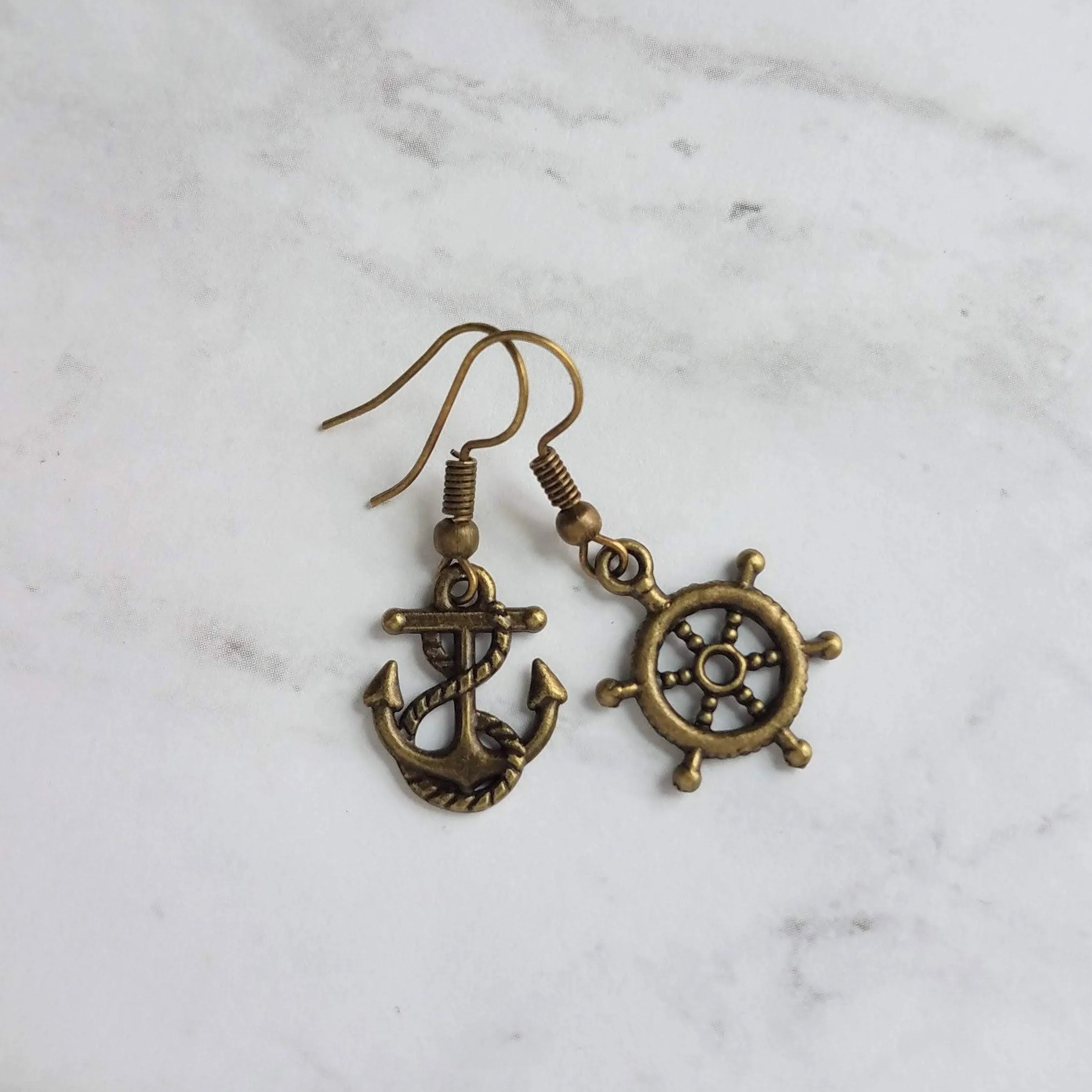 Boat Anchor Earring Set, wheel helm earring, boat earring, mismatched, nautical earring, patina earring, rustic bronze, blue green patina