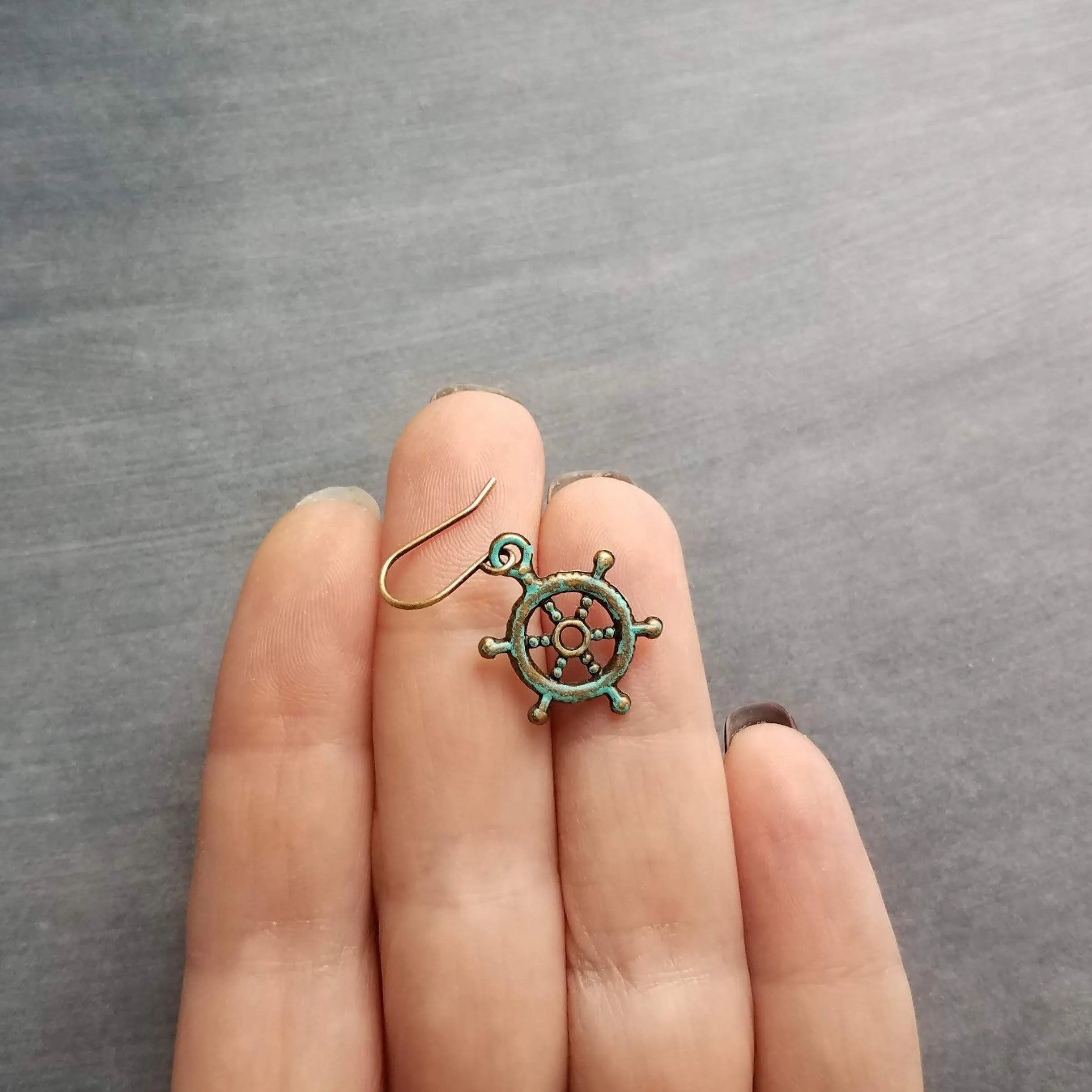 Boat Anchor Earring Set, wheel helm earring, boat earring, mismatched, nautical earring, patina earring, rustic bronze, blue green patina
