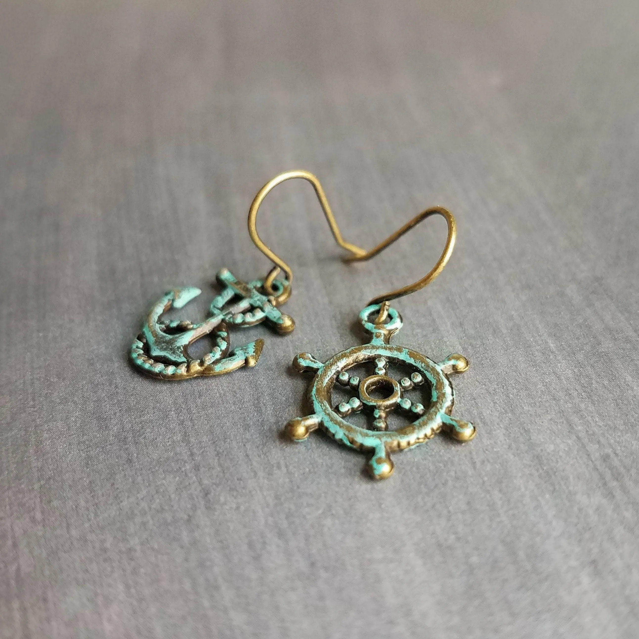 Boat Anchor Earring Set, wheel helm earring, boat earring, mismatched, nautical earring, patina earring, rustic bronze, blue green patina
