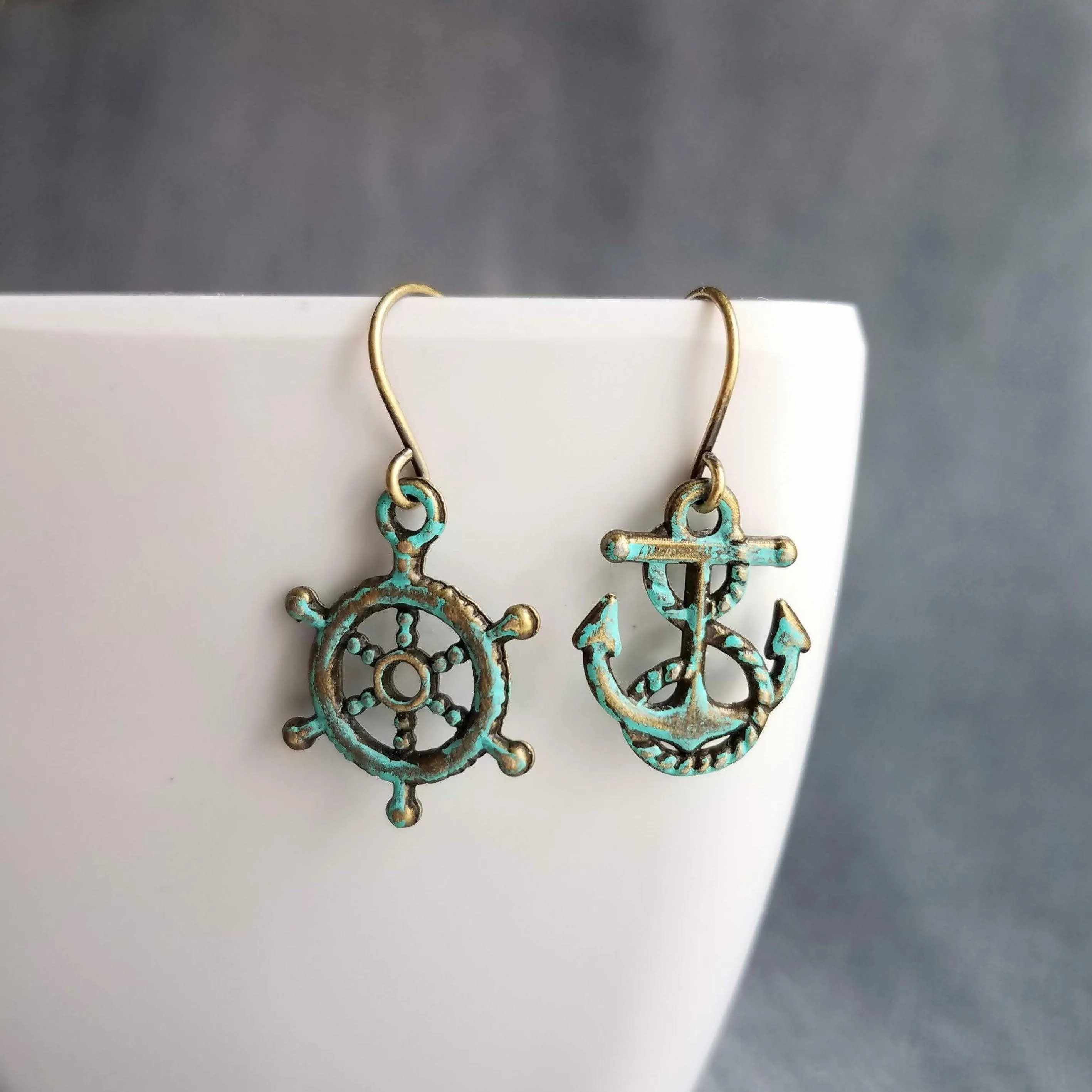 Boat Anchor Earring Set, wheel helm earring, boat earring, mismatched, nautical earring, patina earring, rustic bronze, blue green patina
