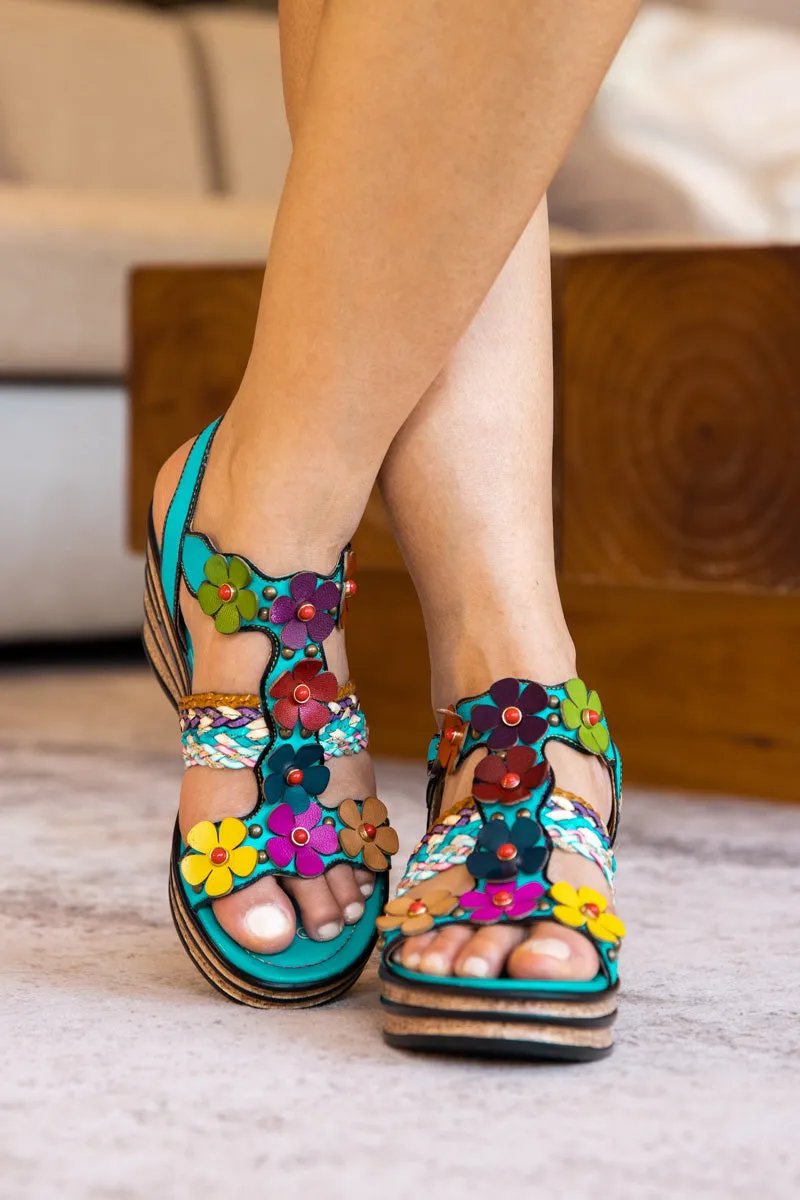 Brickell Tropical Daisy Applique Leather Wedge