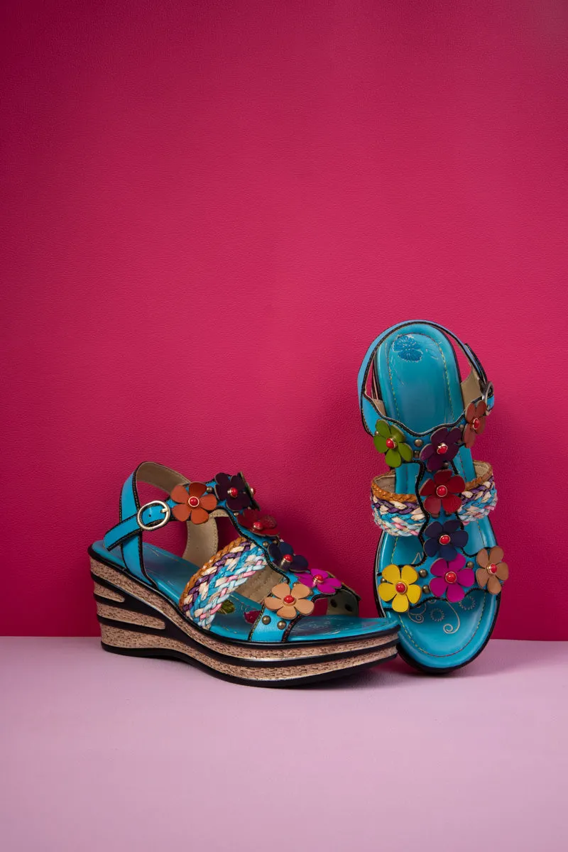 Brickell Tropical Daisy Applique Leather Wedge