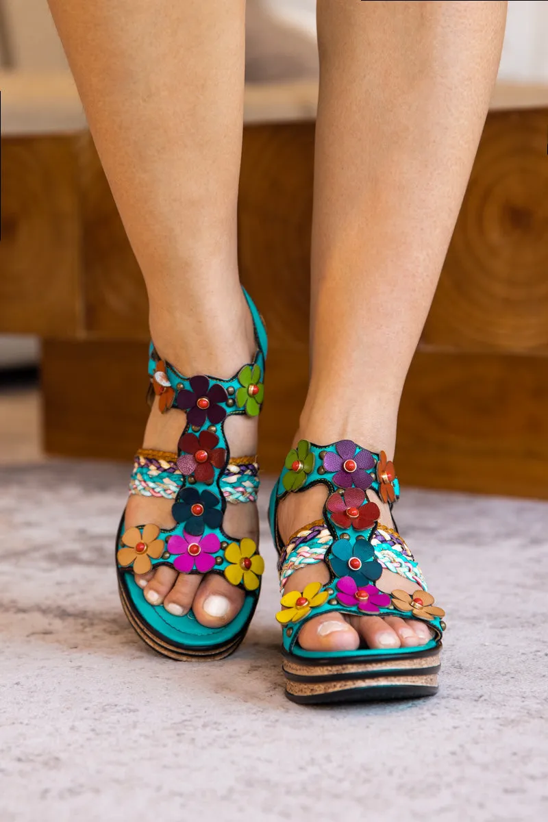 Brickell Tropical Daisy Applique Leather Wedge