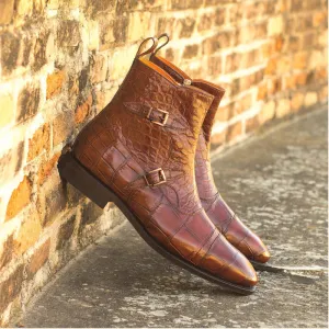 Brown Crocodile Print Italian Leather Campinas Slip On Zipper Boots - Alligator Print - Boots