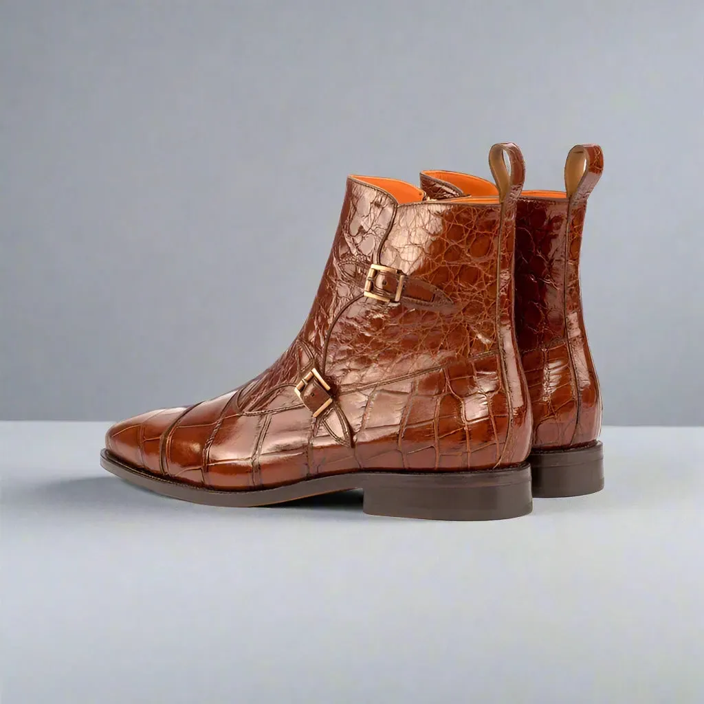 Brown Crocodile Print Italian Leather Campinas Slip On Zipper Boots - Alligator Print - Boots