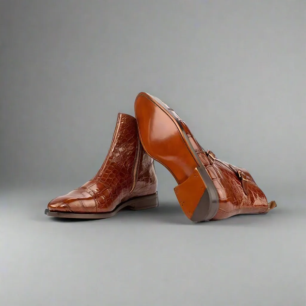 Brown Crocodile Print Italian Leather Campinas Slip On Zipper Boots - Alligator Print - Boots