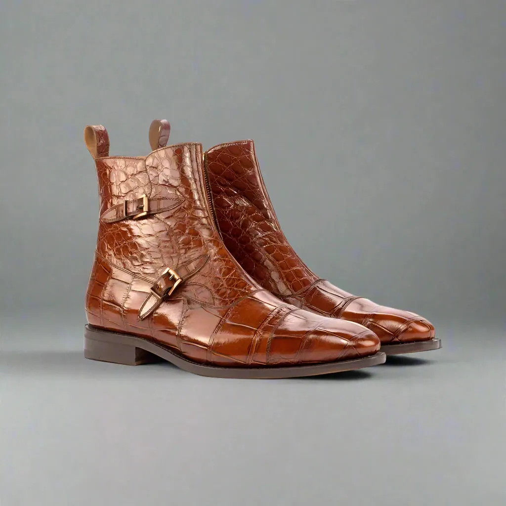 Brown Crocodile Print Italian Leather Campinas Slip On Zipper Boots - Alligator Print - Boots