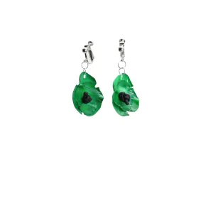 Clip on Hanging Poppy Flower Earrings - Green