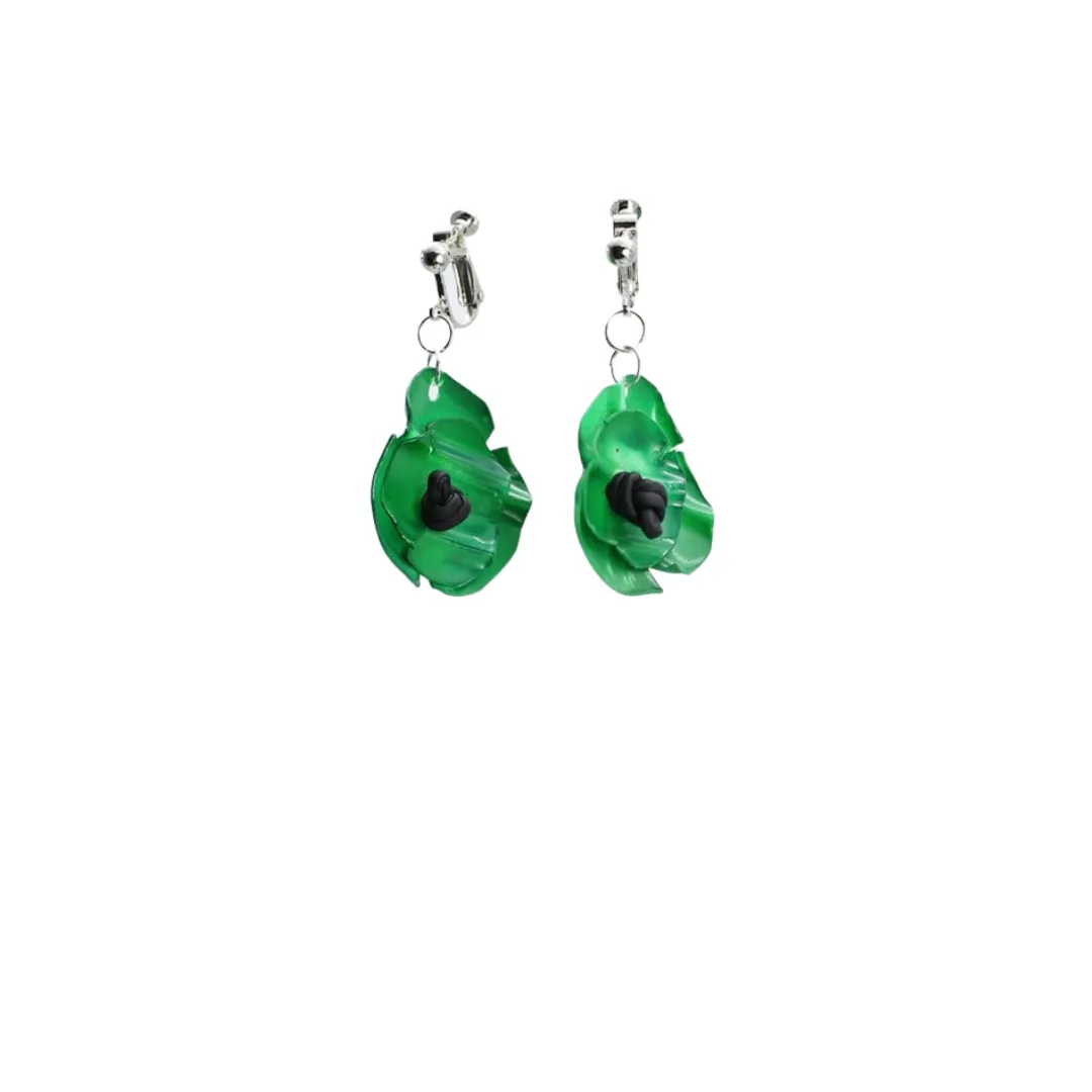 Clip on Hanging Poppy Flower Earrings - Green