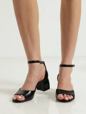 Closed Back Ankle Strap Low Block Heel - Black