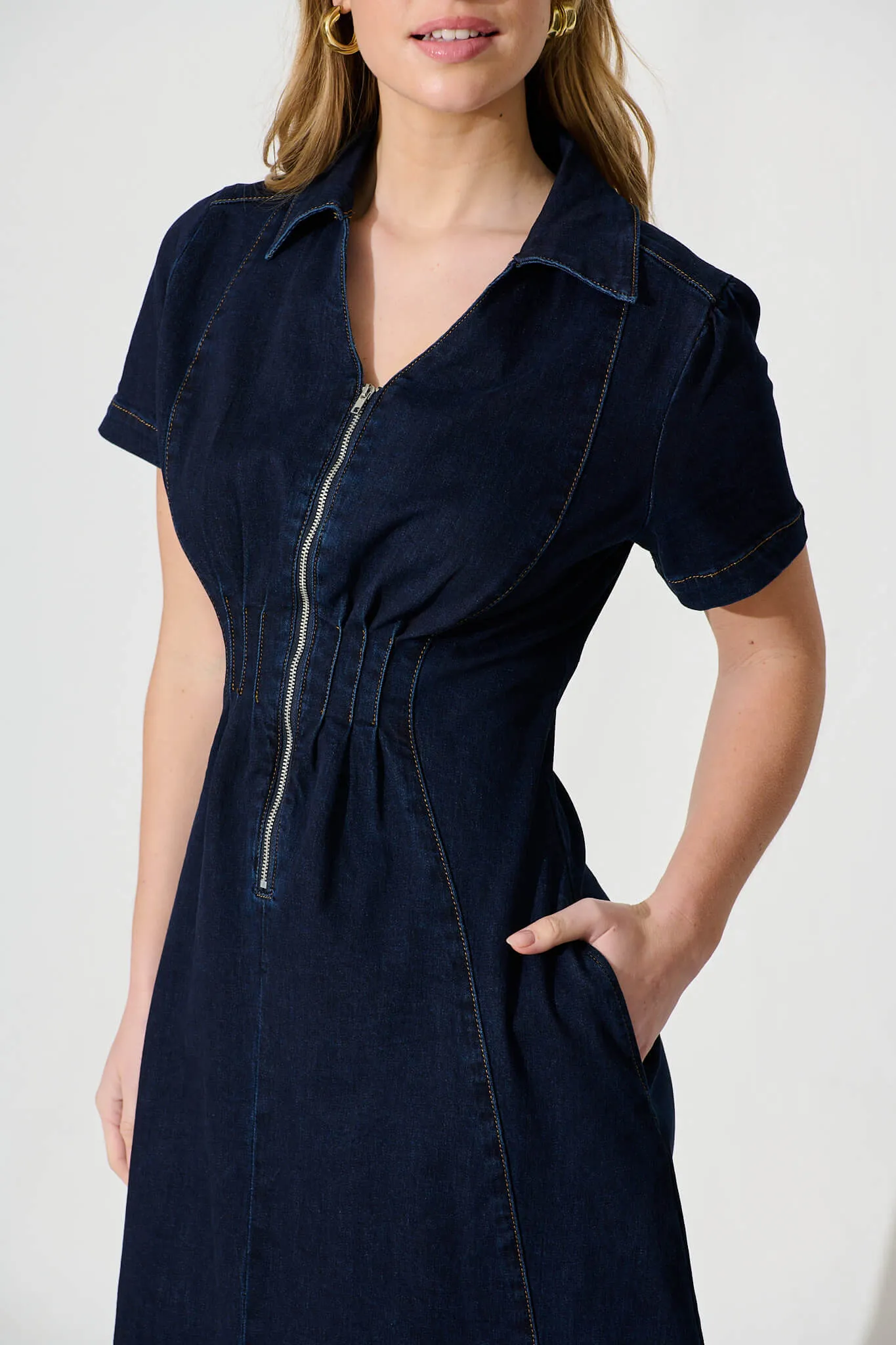 Dark Blue Denim Midi Dress by Adrianna