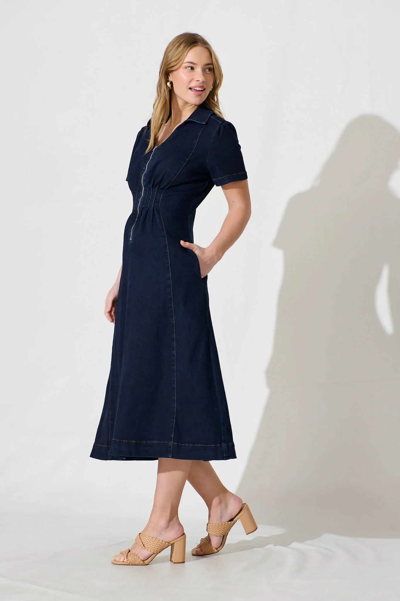 Dark Blue Denim Midi Dress by Adrianna