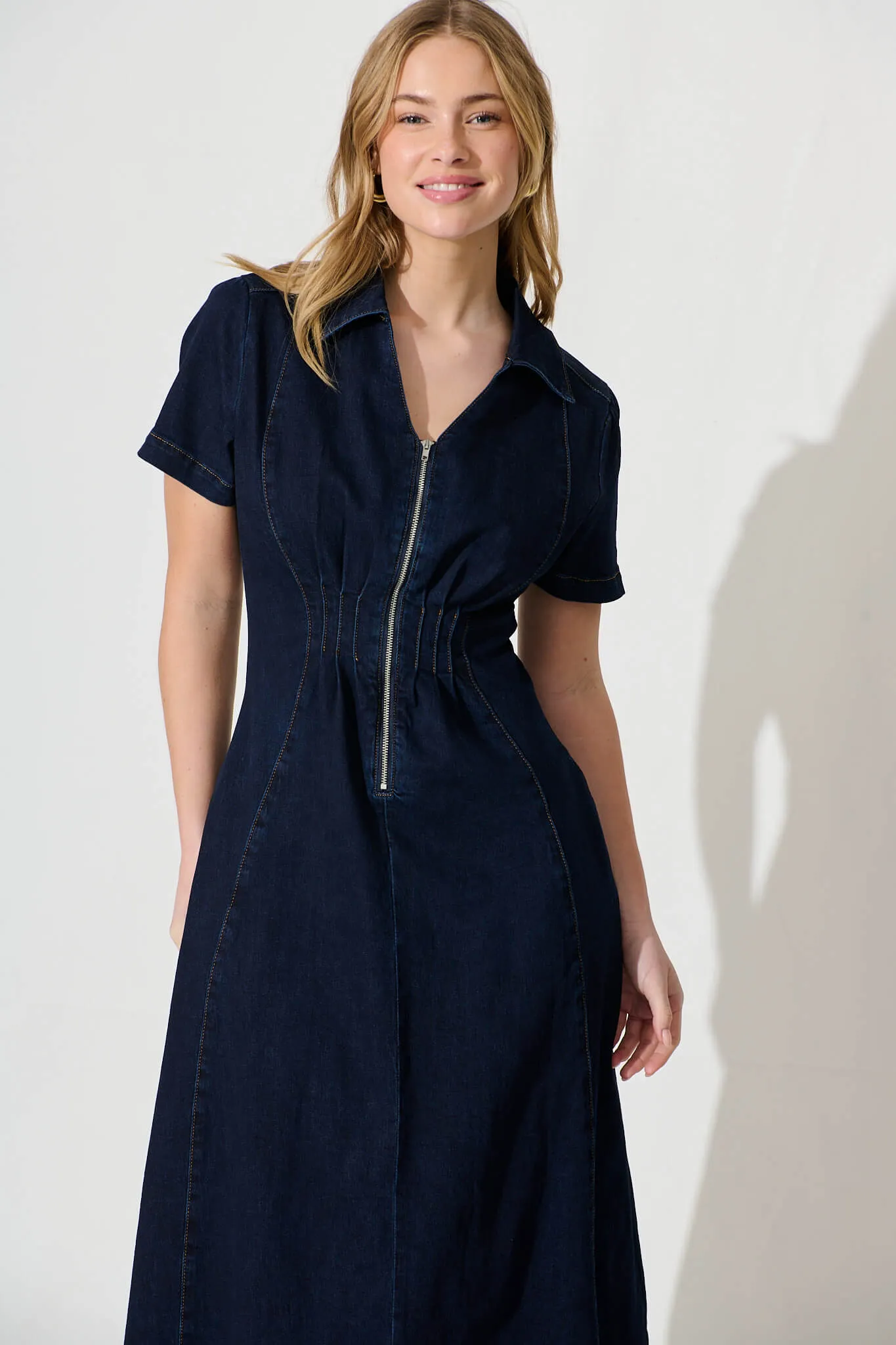 Dark Blue Denim Midi Dress by Adrianna