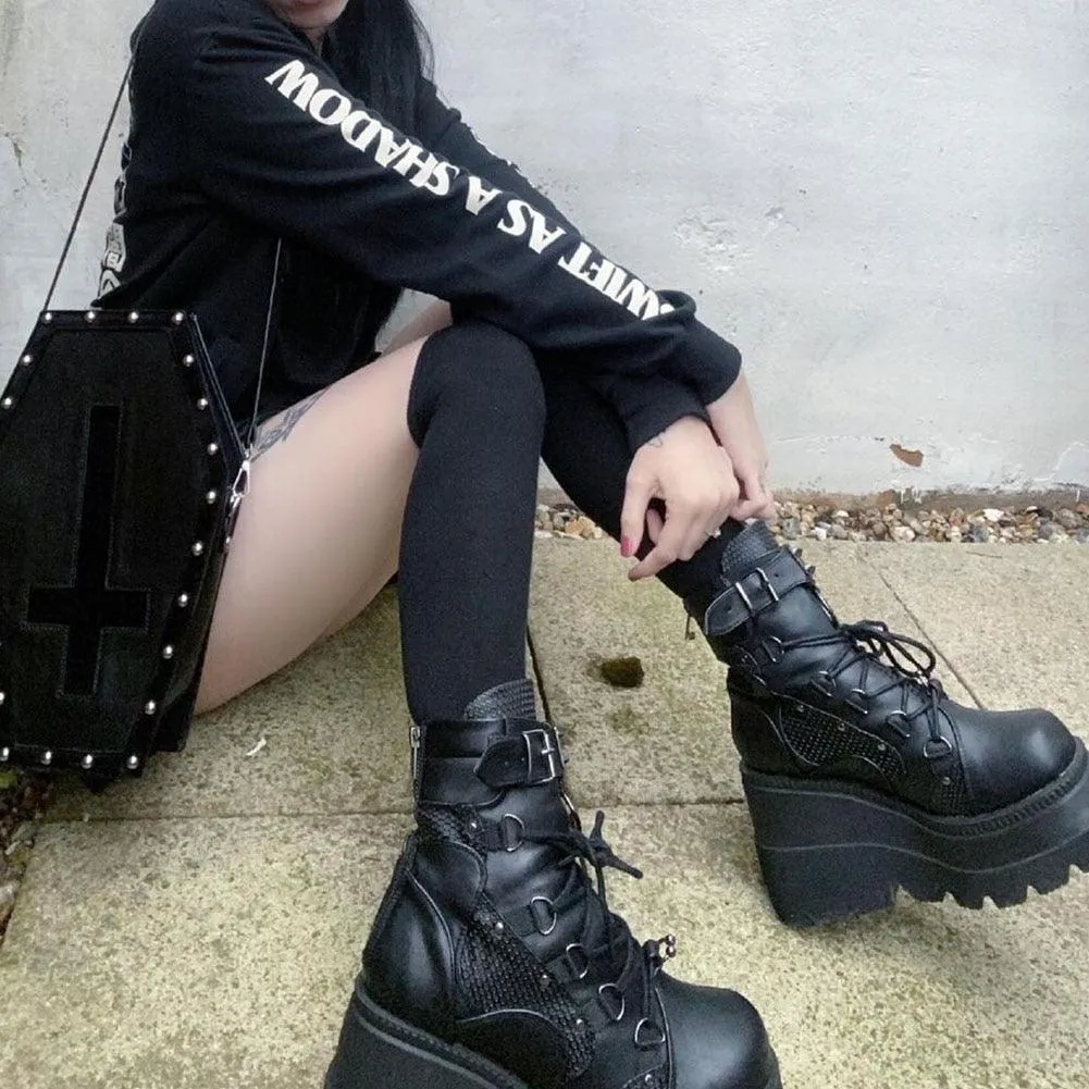 DoraTasia Women's Gothic Punk Street Ankle Boots with Platform Wedges and High Heels