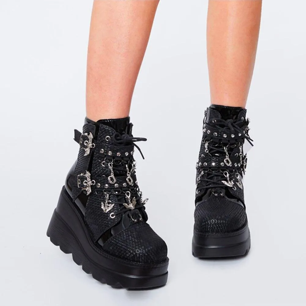 DoraTasia Women's Gothic Punk Street Ankle Boots with Platform Wedges and High Heels
