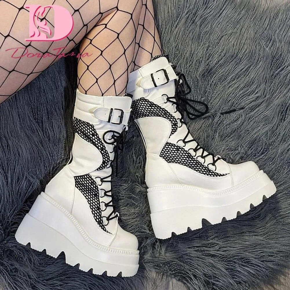 DoraTasia Women's Gothic Punk Street Ankle Boots with Platform Wedges and High Heels