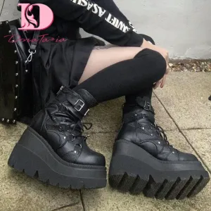 DoraTasia Women's Gothic Punk Street Ankle Boots with Platform Wedges and High Heels